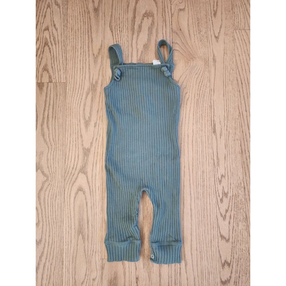 Kate Quinn 6-12M Tie Overall Jumpsuit Silver Pine Oraganic Cotton Wide Rib Green